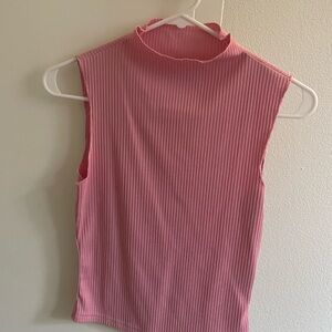 Pink Sleeveless Ribbed Mock Neck Top